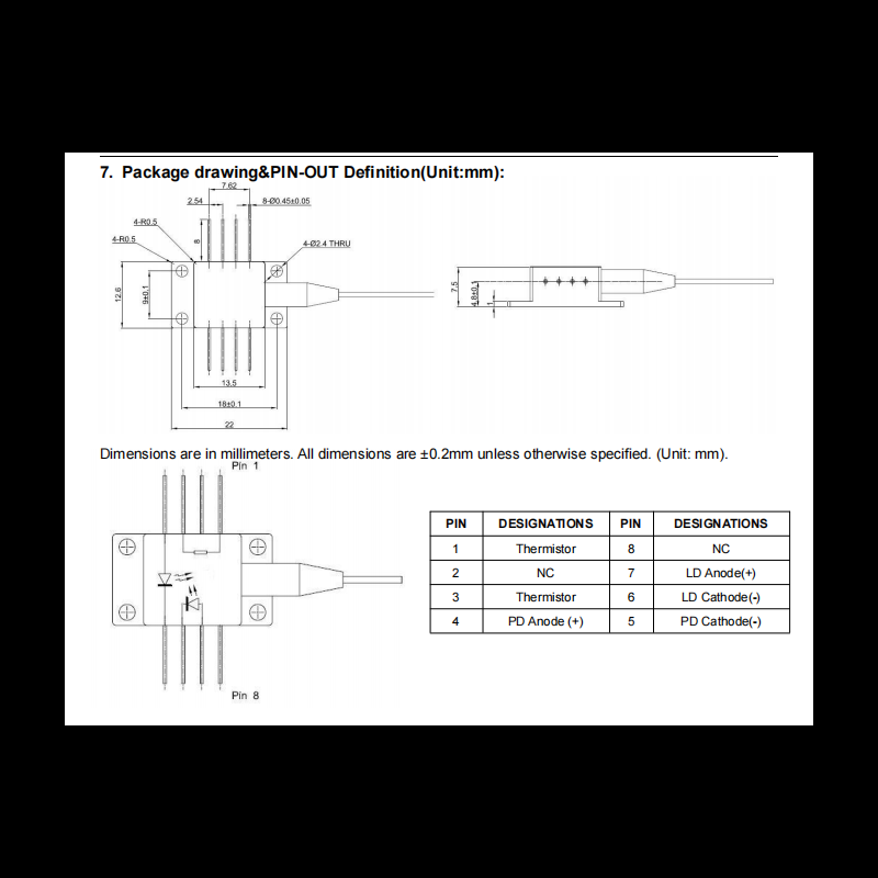 8PIN 980nm 200mW 非制冷 泵浦激光器